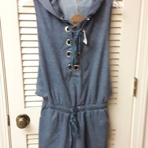 Essue Blue Grey Boho Hoodie Romper NWT S
